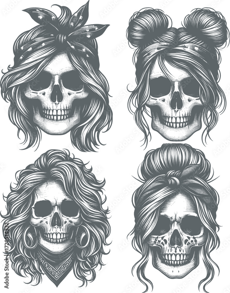 Fototapeta premium Pinup Girl Skull Vector Retro Gothic Skeleton Illustration