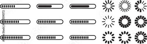 set of modern loading indicators progress bars segmented loaders spinners and circular preloader icons for ui ux vector ai eps png jpeg