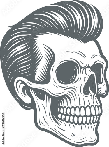 Rockabilly Skull Vector Retro Skeleton Illustration with Pompadour Hair