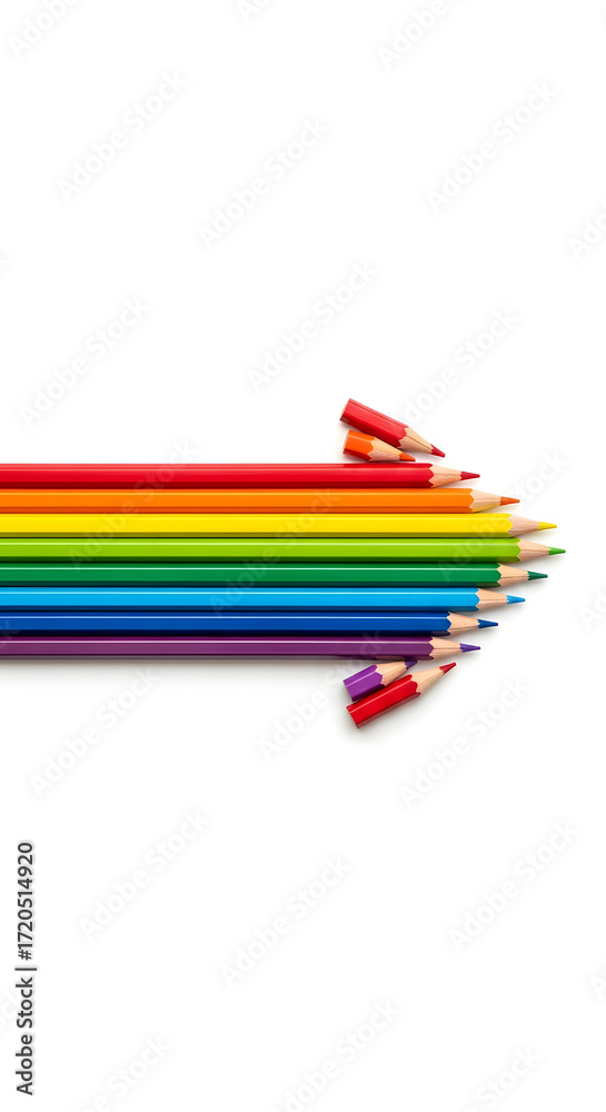 Fototapeta premium Vibrant arrow made of colorful pencils points forward, direction and art concept, creative journey, expressing ideas with rainbow colors, children creativity