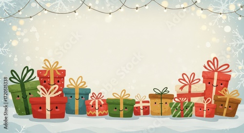 Cartoon Christmas gifts with faces and string lights on a snowy background.