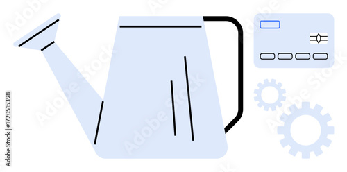 Watering can symbolizes nurturing, credit card suggests finance, and gear wheels indicate automation. Ideal for finance management, growth, investments, business planning, automation, marketing