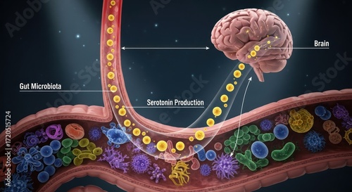 Illustrative representation of serotonin production within the gut microbiota and its journey to the brain.
