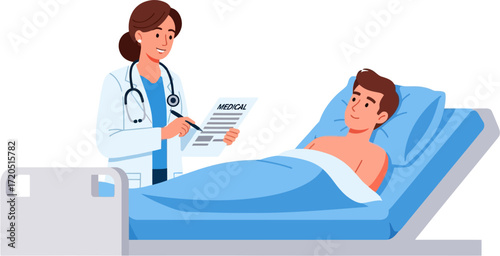 Female doctor consulting male patient in hospital bed, medical check-up illustration.