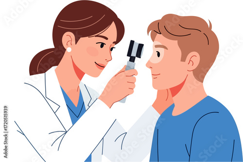 Female Doctor Examining Young Patients Eyes with Ophthalmoscope in Clinic.