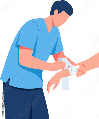 Medical professional applying bandage to injured arm with antiseptic wipe.