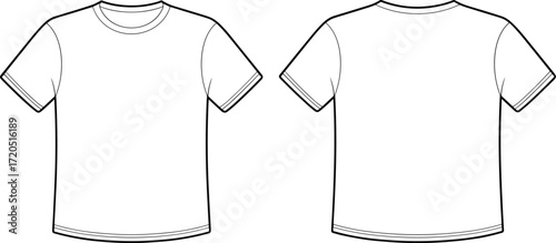 Basic t-shirt flat sketch, plain short sleeve fashion design, unisex apparel technical drawing, casual clothing template, vector garment outline illustration