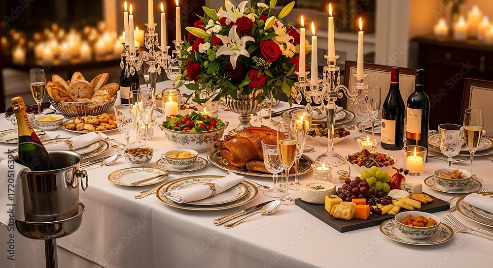 Fototapeta premium Elegantly set dinner table with roasted turkey, wine, and candles