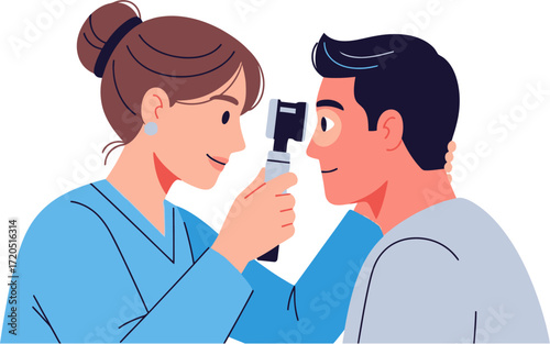 Ophthalmologist Examining Patients Eyes with Direct Ophthalmoscope.