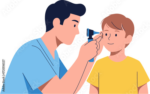 Pediatrician examining young boys ear with otoscope during a medical check-up, flat illustration.