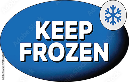 Vector illustration of a blue oval sticker with a snowflake icon, a mandatory food safety label for product packaging and cold temperature storage