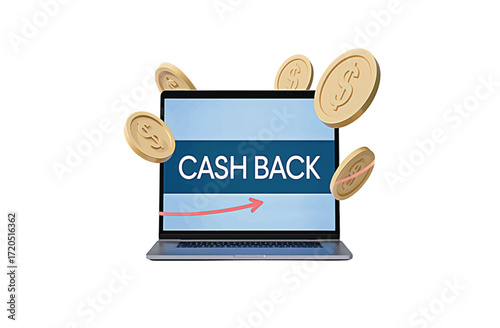 Unlock Savings Laptop Displaying 'Cash Back' with Flying Coins, Illustrating Financial Rewards and Online Shopping Benefits