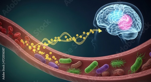 Nutrients travel through the bloodstream, impacting the brain's function in a complex biological process.