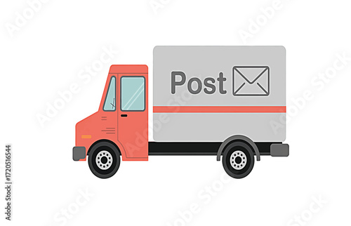 Mail Delivery Truck Flat illustration of a delivery truck with a red cab and a gray box, featuring a post office emblem