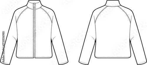Fashion flat sketch of zipper jacket with high collar, long sleeves, front and back technical drawing, garment design illustration template