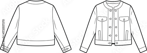 Fashion jacket flat sketch, stylish denim coat design, vector clothing illustration, women’s outerwear template, garment technical drawing, trendy apparel design outline