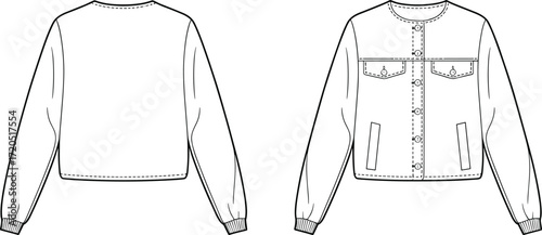 Fashion jacket flat sketch, women’s denim outerwear design, stylish coat technical drawing, clothing template illustration, trendy apparel outline, garment vector design