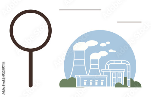Magnifying glass focusing on an industrial power plant emitting smoke, symbolizing environmental analysis, pollution monitoring, and sustainability assessment. Ideal for energy, research, climate