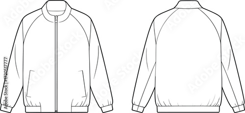 Flat sketch of bomber jacket with zipper front, ribbed cuffs, waistband, pockets, long sleeves, technical fashion garment design illustration