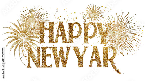 Golden Fireworks Behind Glittering Happy New Year 2026 on Transparent Background