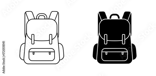 Outline and solid black vector logo of a backpack