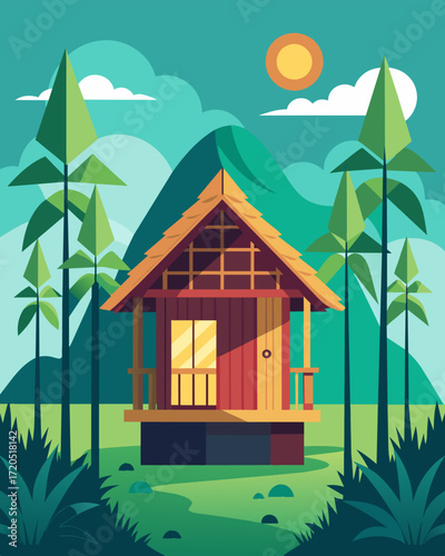 A charming bamboo cabin nestled in the heart of a picturesque village allowing for a glimpse into local culture while working remotely in comfort.. Vector illustration