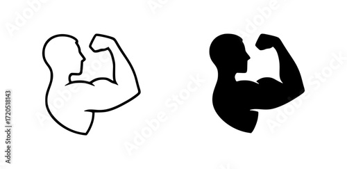 Outline and solid black vector logo of a gym with a man flexing arm
