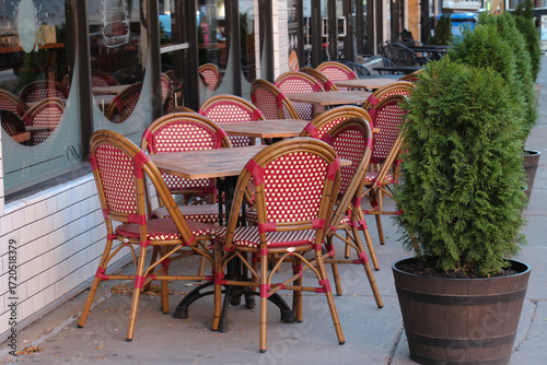 red and white checked gingham bamboo chairs with tables in an outdoor restaurant setting with evergreen shrubbery divider