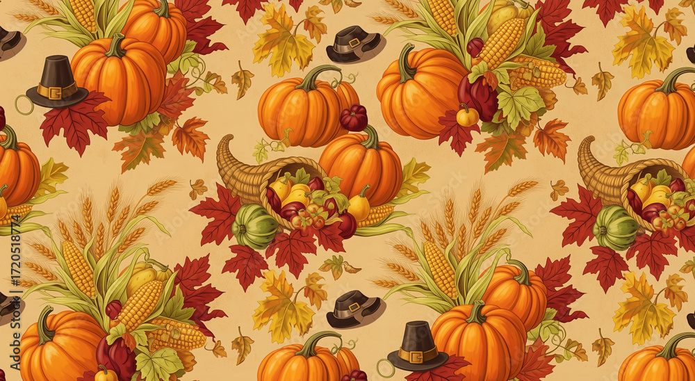 Fototapeta premium Thanksgiving seamless pattern featuring fall icons. Ideal for festive backgrounds, fabric prints, stationery, and seasonal decorations with a warm autumn touch.