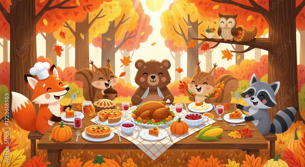 Fototapeta premium Delightful thanksgiving feast with woodland creatures perfect for autumn themed designs, invitations, greeting cards, and seasonal illustrations. Enjoy the charm.