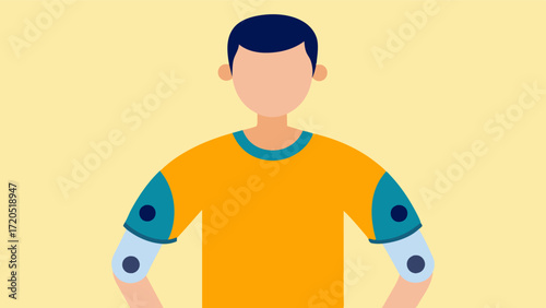 A person with limited arm mobility wearing a shirt with hidden magnets for closures allowing them to dress themselves without needing to reach or manipulate buttons.. Vector illustration