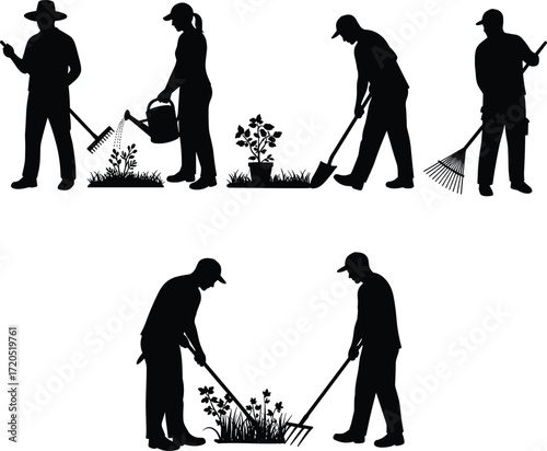 Silhouette of gardeners working in garden, planting flowers, watering plants, raking leaves, using tools, teamwork outdoor farming, landscaping, agriculture care
