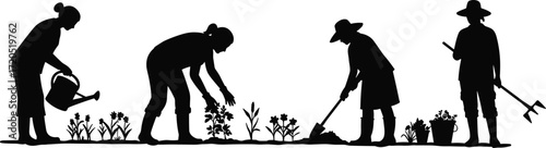 Silhouette of gardeners working in garden, watering plants, planting flowers, using tools, teamwork farming, agriculture activity, outdoor lifestyle, cultivation, maintenance