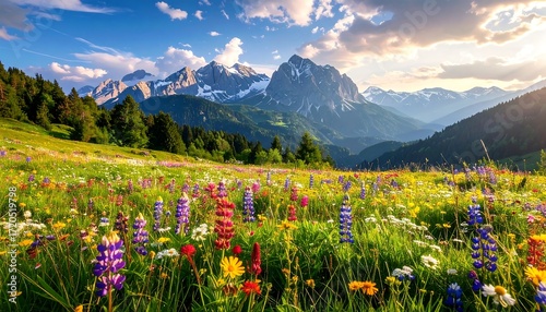 A vibrant meadow of wildflowers explodes in color under a sky that shows mountains in the distance