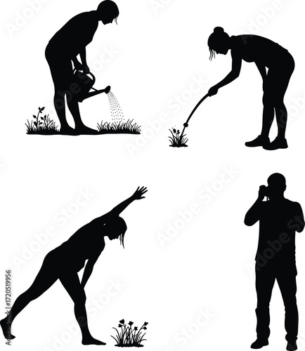 Silhouette of people gardening, watering plants, stretching exercise, outdoor activity, phone conversation, daily chores, healthy lifestyle, teamwork tasks, farming, relaxation