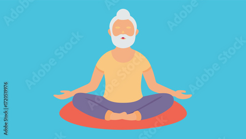 A photo of an older adult sitting on a meditation cushion their body relaxed and their face serene as they engage in deep belly breathing.. Vector illustration