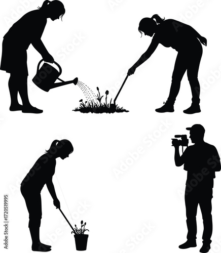 Silhouette of people gardening, watering plants, planting flowers, using tools, photography activity, teamwork chores, outdoor lifestyle, household work, farming, daily tasks