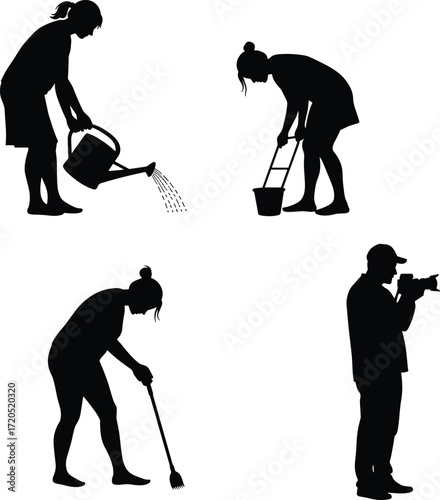 Silhouette of people working, watering plants, cleaning floor, carrying bucket, photography activity, daily chores, teamwork, household tasks, lifestyle, outdoor jobs