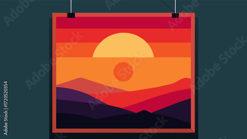 A painting of a beautiful sunset with vibrant hues of orange red and pink hangs in an elderly persons home. They credit art therapy for helping them overcome depression and anxiety. Vector