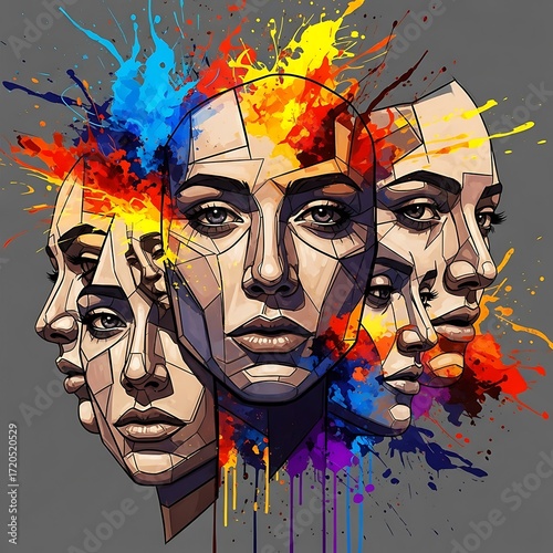 A vibrant and multifaceted female portrait, rendered in a bold geometric style, showcasing multiple perspectives and expressive features.