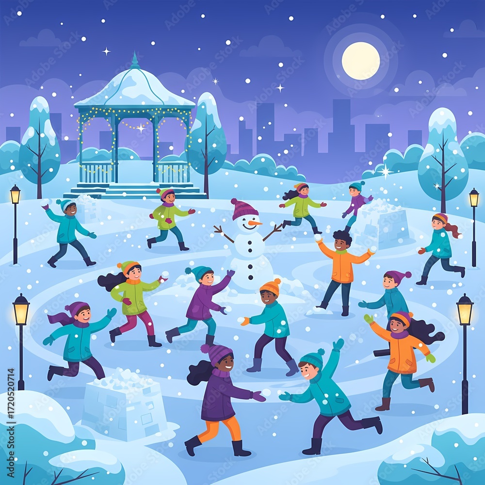 Naklejka premium Winter holiday lifestyle illustration set with diverse people enjoying outdoor sports and cozy indoor relaxation.