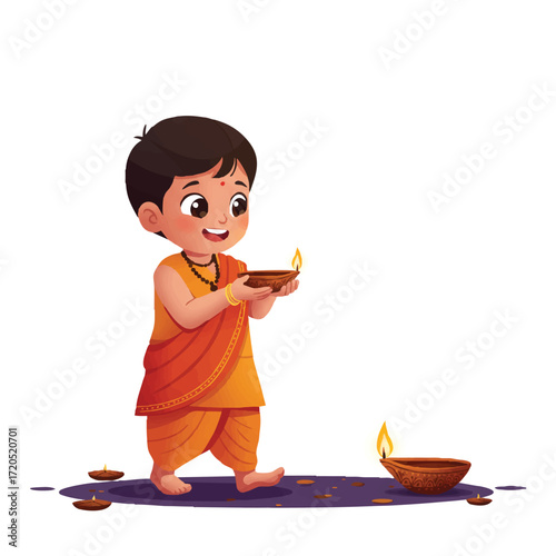 A joyful young child in traditional attire carefully walks outdoors at dusk, holding a single lit Diwali diya in this vibrant 2D flat vector illustration.