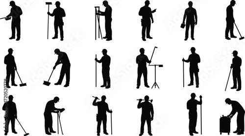 Silhouette of workers using tools, cleaning floors, construction repair, maintenance staff, teamwork labor, occupational safety, industrial jobs, building service, workplace tasks