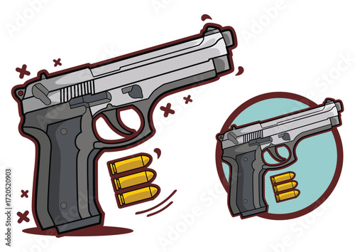 Handgun with Bullets Cartoon Vector Illustration