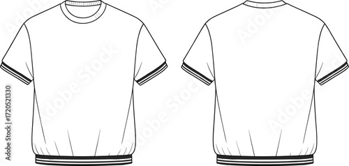 T-shirt flat sketch, short sleeve fashion design, casual apparel technical drawing, clothing vector template, stylish garment outline, unisex top illustration