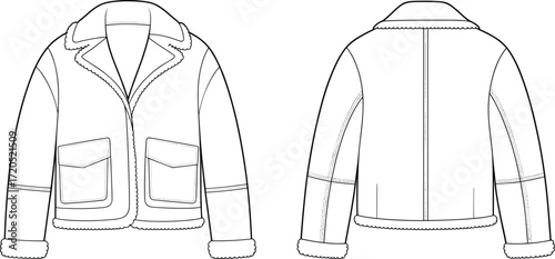 Fashion flat sketch of stylish shearling jacket design, front and back view, winter outerwear coat template, apparel technical drawing illustrationFashion flat 
