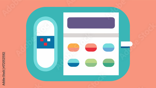 A pill dispenser with preprogrammed reminders and alarms to help individuals with dementia manage their medication schedule.. Vector illustration
