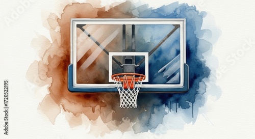 Watercolor basketball hoop with artistic blue and brown splashes backdrop