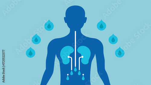 A detailed illustration of the bodys water balance system including the role of the kidneys in filtering and regulating hydration levels.. Vector illustration