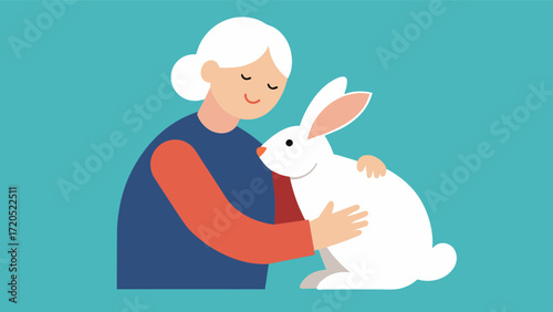 A senior with a therapy rabbit using their soft fur and gentle personality to provide comfort and relieve symptoms of PTSD.. Vector illustration